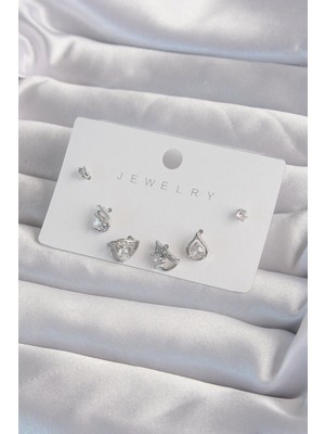 Bsre Pirinç Zirkon Taşlı Damla Figürlü Küpe Seti (Gümüş Renk)