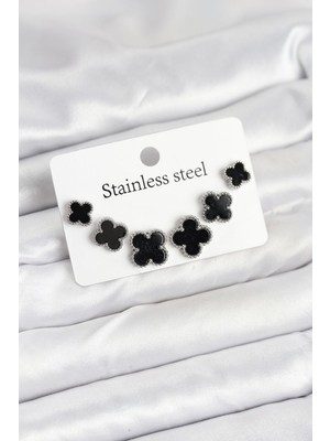 Bsre Gümüş Siyah Renk 3 Boy Yonca Küpe Seti (316L Çelik)