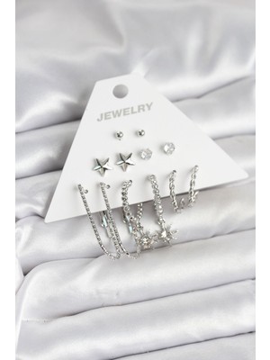 Bsre 6'lı Karma Küpe Seti (Yıldız, Zirkon Tektaş, Sallantılı Halka Kombini)