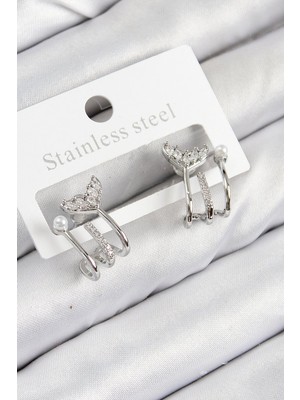 Bsre Pirinç Zirkon Taşlı Incili Balık Kuyruğu Figürlü Kadın Küpe (Gümüş Renk)