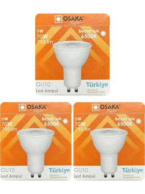 Avarson (3 Adet) Osaka 9W (70W) Beyaz Işık (6500K) GU10 Duylu LED Çanak Ampul