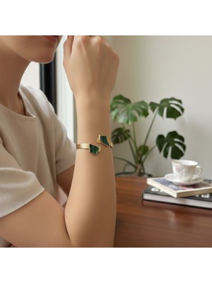 Sevil Gülgün Atelier El Yapımı Saf Pirinç Malahit Taşlı Ayarlanabilir Yüzük ve Bileklik Kadın Takı Seti