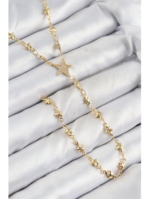 Pazarcan Pirinç Zirkon Taşlı Yıldız Model Gold Renk Y Kolye - TJ-BKO10459