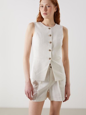 Lc Waikiki Yeni Sezon Bisiklet Yaka Çizgili Keten Karışımlı Kadın Klasik Yelek