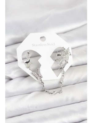 Bsre Pirinç Kelebekli Küpe Seti (Gümüş Renk)