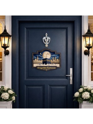 Okavango 28-23 cm Hoş Geldin Ramazan Dekorlu Ahşap Kapı Süsü, Ramazan Süsleri