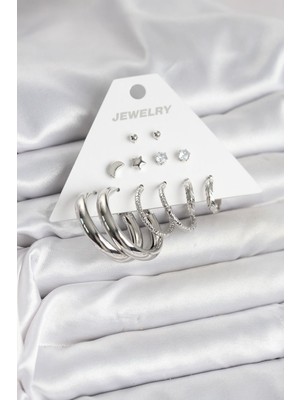 Bsre Pirinç Halka Figürlüli 6 Çift Kadın Küpe (Gümüş Renk)