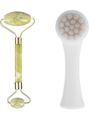 Ams Net® 2li Set Çift Taraflı Cilt Temizleme Fırçası ve Yeşim Taşı Çift Taraflı Cilt Masaj Aleti