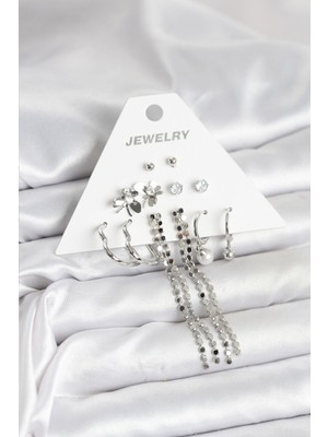 Bsre Pirinç 6 Çift Kadın Küpe (Gümüş Renk)