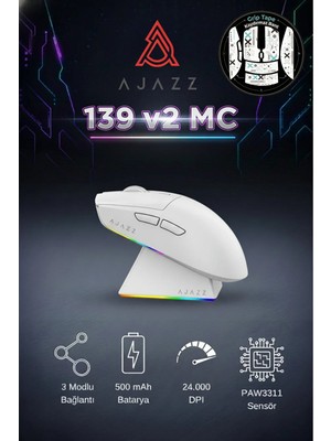 Ajazz AJ139 V2 Mc Paw 3311 Sensör 3 Modlu 24.000 Dpı Şarj Istasyonlu Oyuncu Mouse + Grip Tape