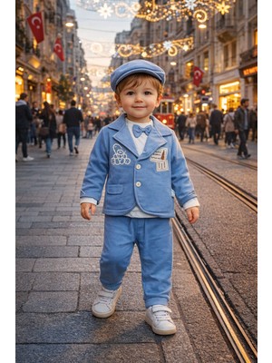 Donino Ay Zincir Nakışlı Erkek Bebek 3’lü Takım – Papyonlu Şık Özel Gün Kombini