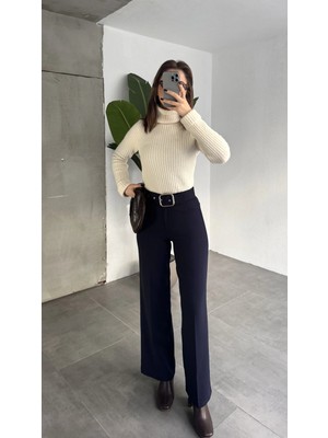 Asfa Moda Kadın Kemerli Yüksek Bel Geniş Paça Kumaş Pantolon Lacivert