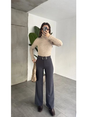 Asfa Moda Kadın Kemerli Yüksek Bel Geniş Paça Kumaş Pantolon Antrasit