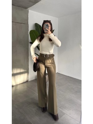 Asfa Moda Kadın Kemerli Yüksek Bel Geniş Paça Kumaş Pantolon Haki