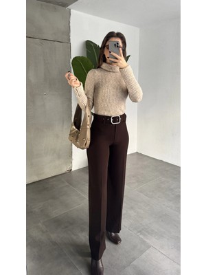 Asfa Moda Kadın Kemerli Yüksek Bel Geniş Paça Kumaş Pantolon Kahverengi