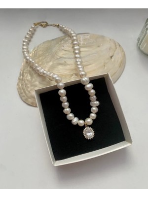 Taşmir Gerçek Doğal Beyaz Inci Kadın Gelin Kolye Çelik Bağlantı Aparatlı Zirkon Taşlı Oval Charm