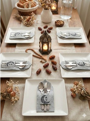 Rosfloa 6' Lı Ramazan Iftar Davet Sofrası Keçe Peçetelik & Çatal Kaşıklık Sunum Seti-Hediyelik