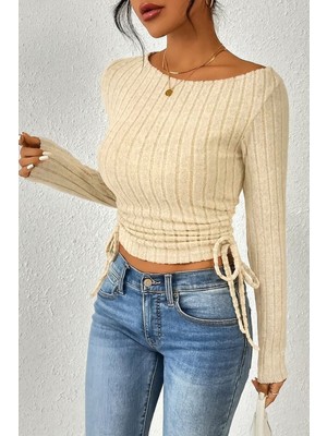Wildco Bej Kayık Yaka Yan Büzgülü Fitilli Triko Uzun Kollu Bluz