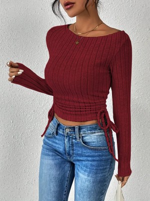 Wildco Bordo Kayık Yaka Yan Büzgülü Fitilli Triko Uzun Kollu Bluz