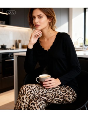 NiCe İç Giyim Siyah Leopar Desenli Flexıble Cotton Esnek Kumaş Kadın Pijama Takımı