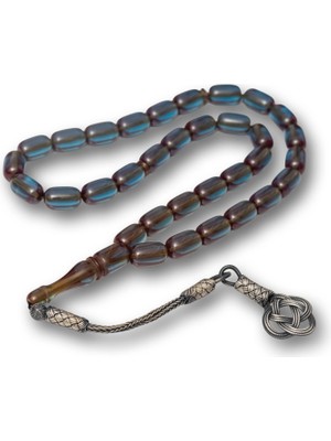 Katre46 Gümüş Kazaz Püsküllü Kapsül Kesim Mavi Sıkma Kehribar Tesbih