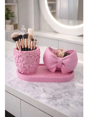 Liza Home Decoration Pembe Masaüstü Düzenleyici Dekoratif Set Çiçek & Fiyonk Detaylı Kalemlik Ofis,çalışma ve Makyaj Masası Organizer