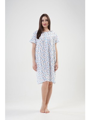 Vienetta Kadın Siyah- Mavi Kısa Kol Desenli %100 Pamuk Rahat Gecelik C3T6N1161