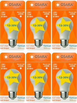 Avarson (6 Adet) Osaka 12VOLT 10W (75W) Beyaz Işık (6500K) E27 Duylu (Kalın Duy) LED Ampul