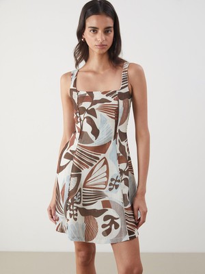 Lc Waikiki Yeni Sezon Kare Yaka Desenli Keten Görünümlü Mini Elbise