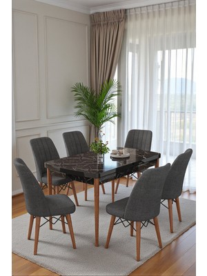 Kaktüs Avm Mutfak Masası Takımı | 6 Kişilik Açılır Masa Sandalye Takımı | Masa Takımı | Siyah Mermer Masa - Antrasit