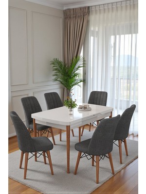 Kaktüs Avm Mutfak Masası Takımı | 6 Kişilik Açılır Masa Sandalye Takımı | Masa Takımı | Beyaz Masa - Antrasit