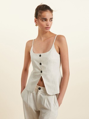 Lc Waikiki Yeni Sezon Çizgili Keten Karışımlı Kadın Klasik Yelek