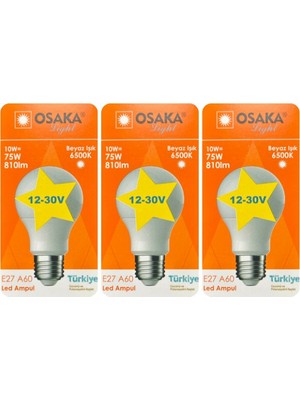 Avarson (3 Adet) Osaka 12VOLT 10W (75W) Beyaz Işık (6500K) E27 Duylu (Kalın Duy) LED Ampul