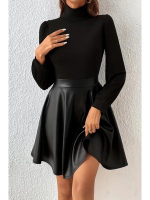 Kadın Uzun Kollu Balıkçı Yaka Üst Kaşkorse Alt Deri Detaylı Mini Elbise