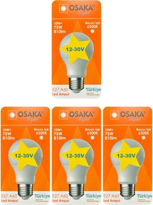 Avarson (4 Adet) Osaka 12VOLT 10W (75W) Beyaz Işık (6500K) E27 Duylu (Kalın Duy) LED Ampul