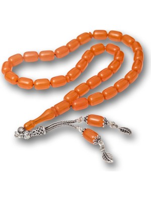 Katre46 Gümüş Püsküllü Turuncu Kapsül Kesim Sıkma Kehribar Tesbih
