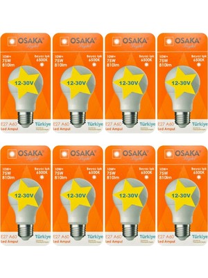 Avarson (8 Adet) Osaka 12VOLT 10W (75W) Beyaz Işık (6500K) E27 Duylu (Kalın Duy) LED Ampul