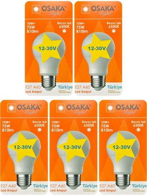 Avarson (5 Adet) Osaka 12VOLT 10W (75W) Beyaz Işık (6500K) E27 Duylu (Kalın Duy) LED Ampul