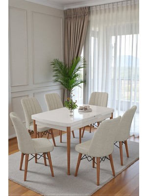 Kaktüs Avm Mutfak Masası Takımı | 6 Kişilik Açılır Masa Sandalye Takımı | Masa Takımı | Beyaz Masa - Krem