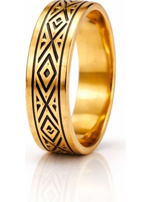 Geleneksel Motifli Altın Renk Paslanmaz Çelik Yüzük