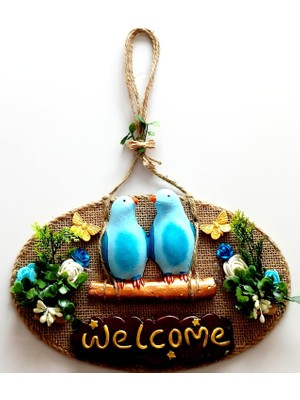 Mixperi Mavi Kuşlu Çiçekli Welcome Yazılı Kapı Süsü