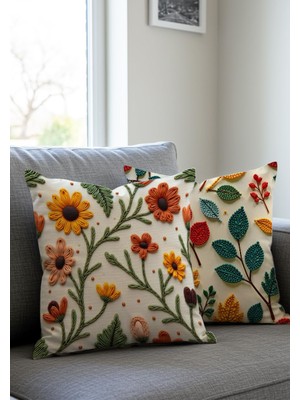 Punch Nakış Desen Dijital Baskılı Çiçek Desenli Kadife Kırlent Kılıfı, 2li Set 43X43 Cm, Gizli Fermu