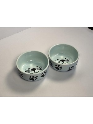 Seramik Kase Kedi Mama Su Kabı Mavi Renk 2'li