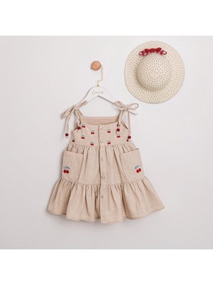 ministok Selly Kiraz Nakışlı Şapkalı Kız Çocuk Elbise