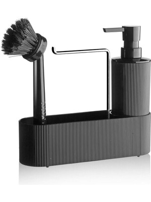 3 Lü Krom Kapaklı Siyah Deterjanlık Fırçalı Mutfak Banyo Temizlik Seti Düzenleyici MIT1175