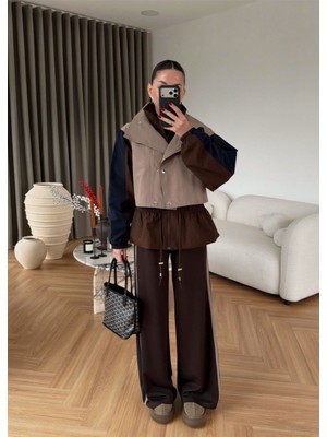 BRTC Design Kadın Kahverengi Renk Bloklu Dik Yaka Tasarım Takım