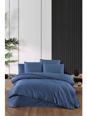 Mira Home Stripe Saten Line Çift Kişilik Nevresim Takımı  Indigo