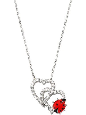 Katre46 Gümüş Uğur Böcekli Ikili Kalp Bayan Kolye
