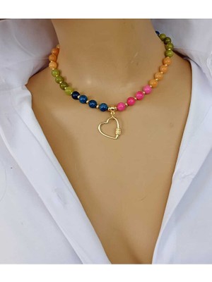 Sinem Şanlı Renkli Doğal Akik Taşlı Kalp Detaylı Çakra Kolye