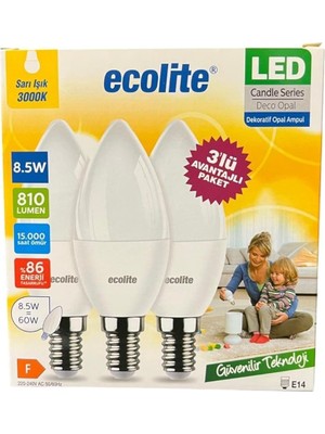 Ecolite 8.5W Ampul – E14 Duy, 810 Lümen, 3000K Sarı Işık, 60W Eşdeğer, 3’lü Paket, Opal Dekoratif Am